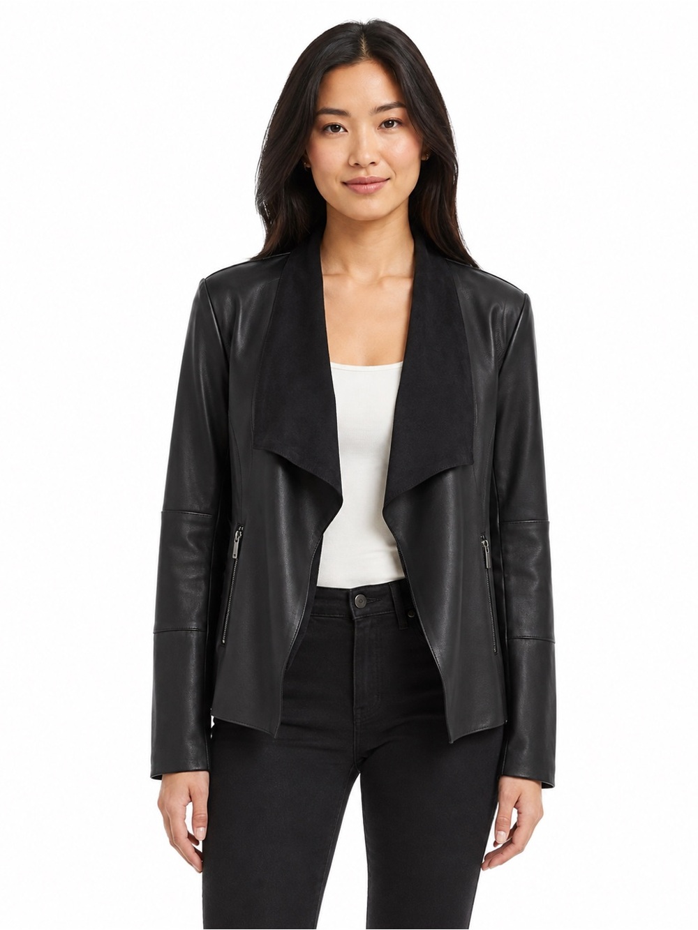 Bagatelle Black Faux Leather Waterfall Jacket Size L Draped Collar Moto Style
